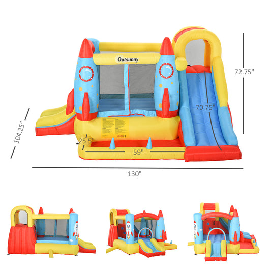 Kids Bounce House, 4-in-1 Rocket Inflatable Water Slide Jumping Castle With 2 Slides, Climbing Wall, Trampoline, & Water Pool Area, Air Blower