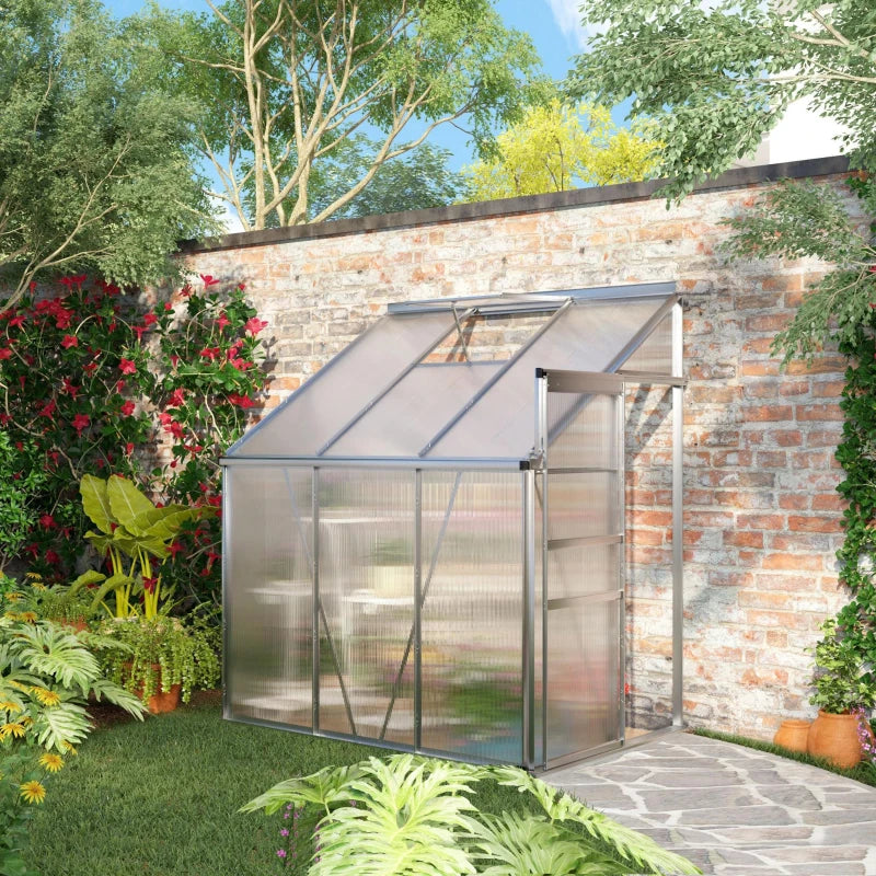 Outsunny 6' X 4' Aluminum Lean-to Greenhouse Polycarbonate Walk-in Garden Greenhouse With Adjustable Roof Vent, Rain Gutter And Sliding Door For Winter, Clear