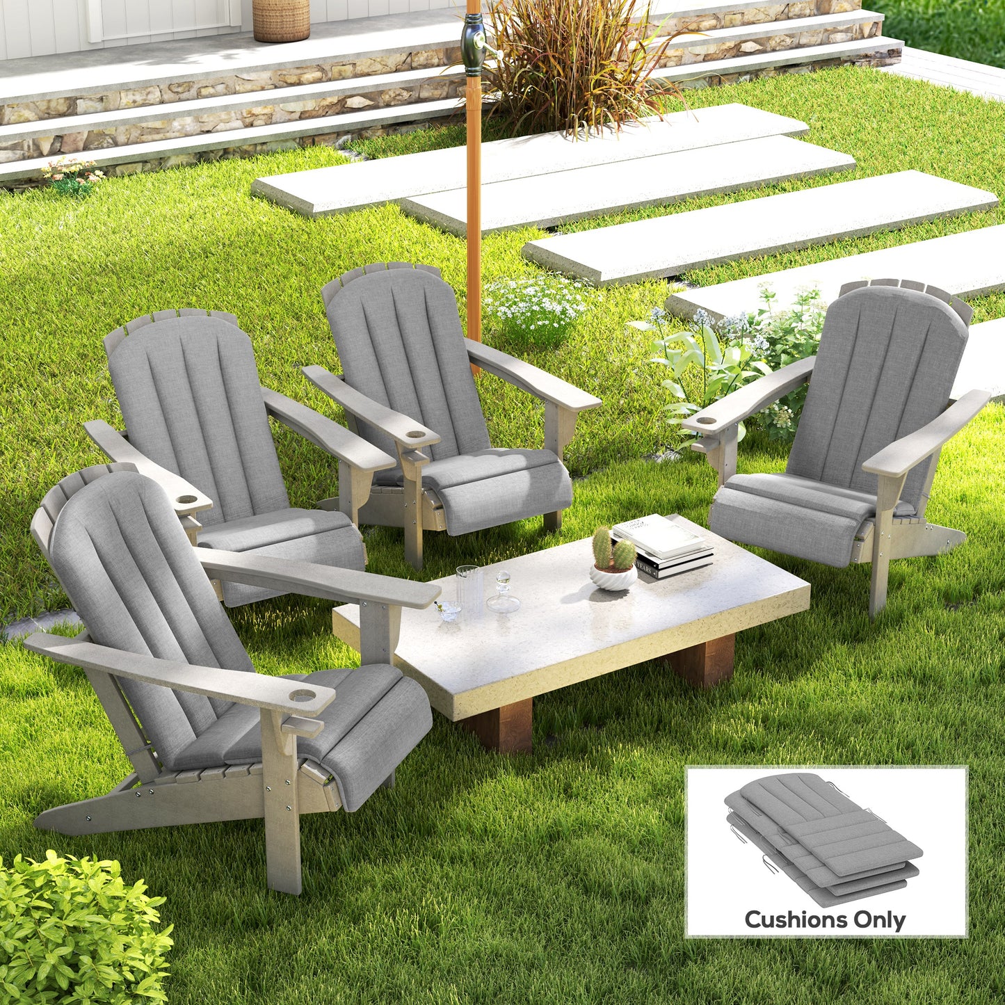 Set Of 4 Outdoor Chair Cushions, High Back Adirondack Chair Cushion With Ties, High-Density Foam, Gray