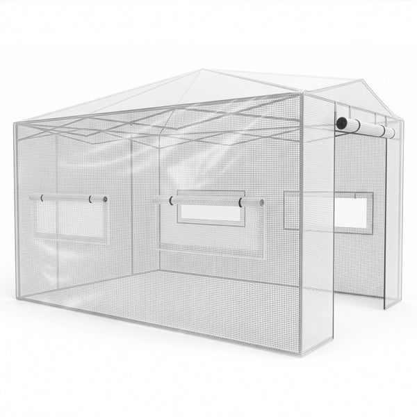 8x12ft Plastic Sprayed Iron Pipe PE Mesh Foldable Greenhouse Shed White