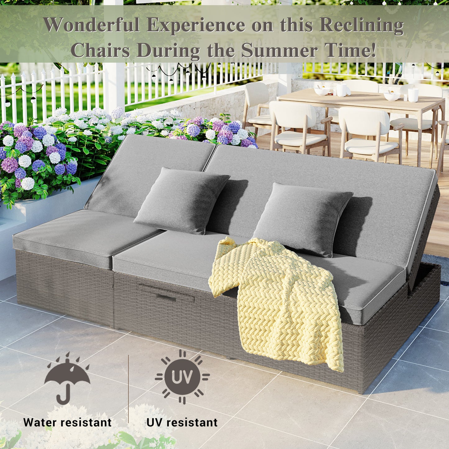 TOPMAX Outdoor Double Sunbed, Wicker Rattan Patio Reclining Chairs With Adjustable Backrest And Seat, Conversational Set For 2 Person, Gray