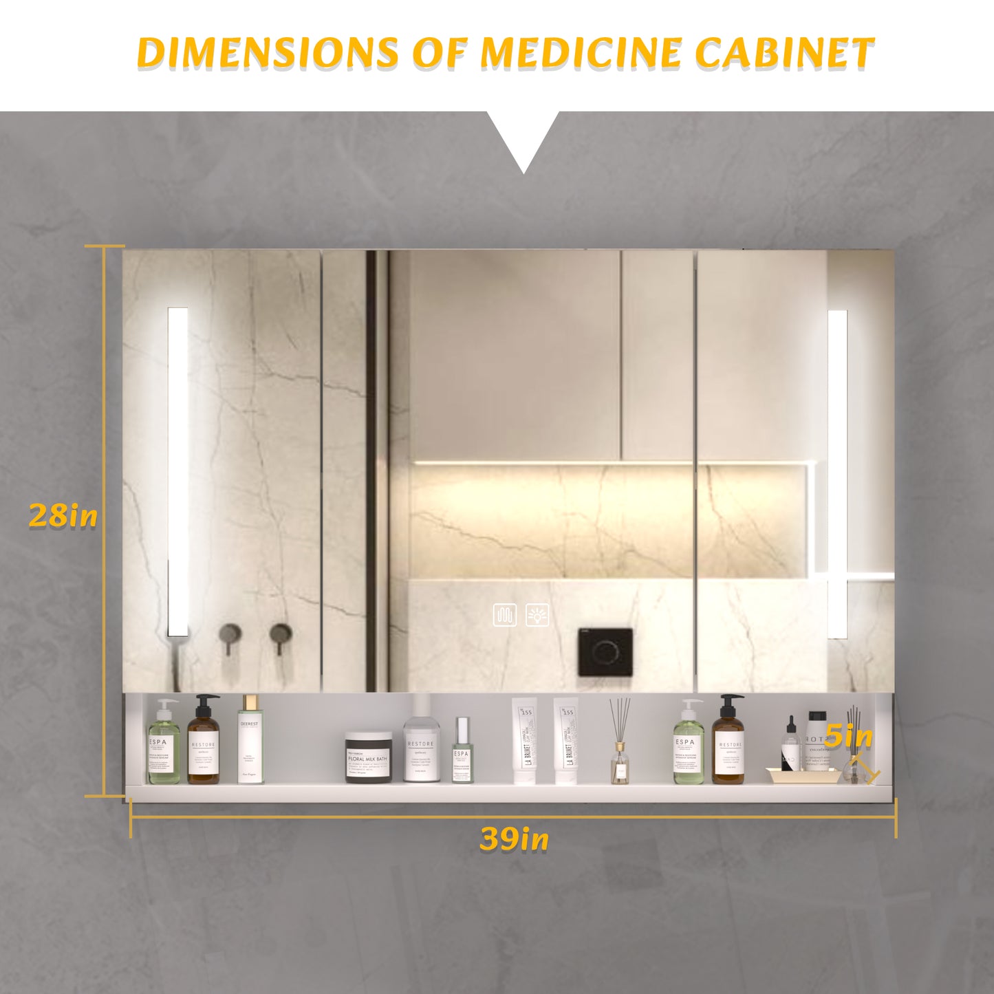 Modern 39x28 Inches Aluminium Bathroom Cabinets  Medicine Cabinets With Mirrors And LED Lights  Bathroom Storage Cabinet With Multilevel Storage Compartments