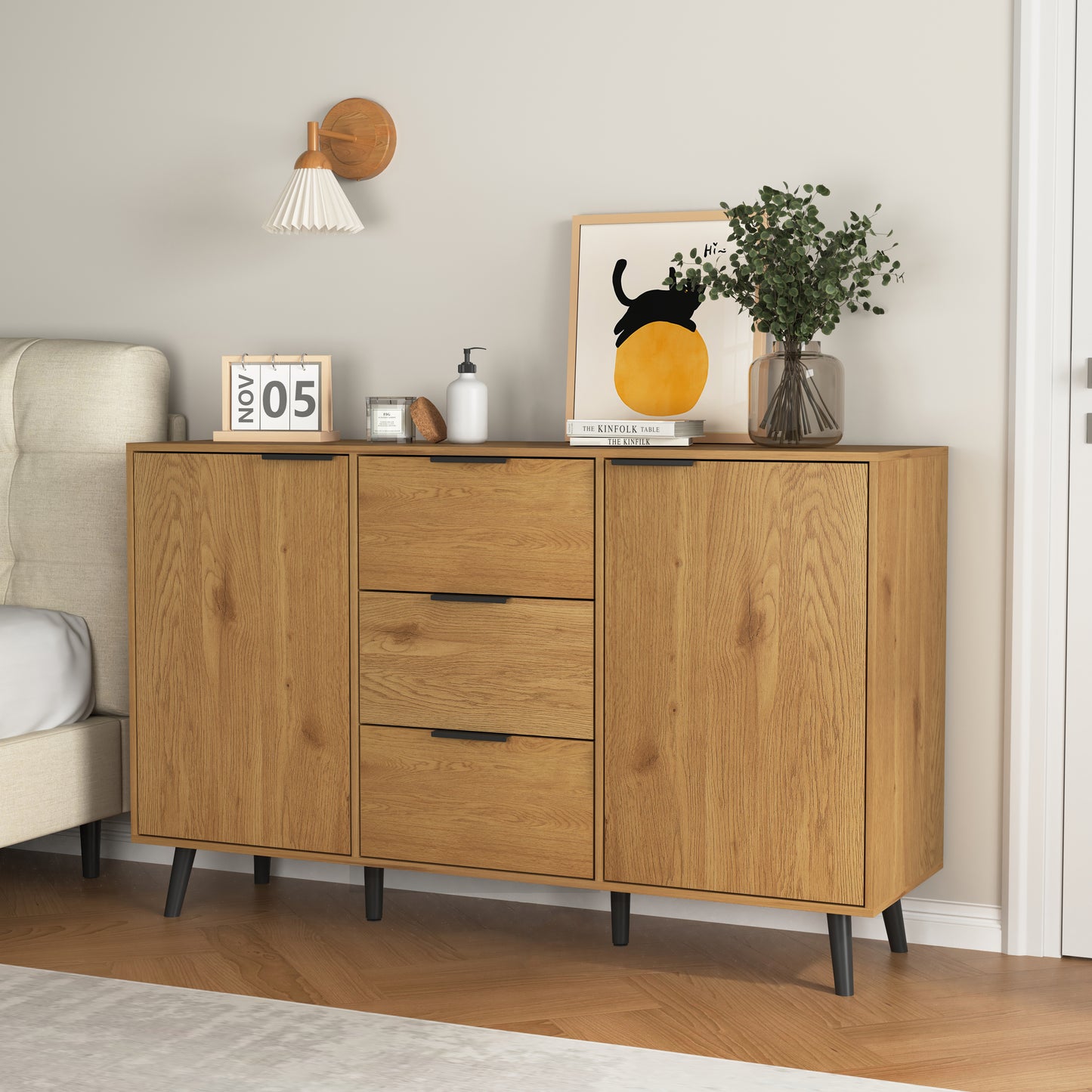 Sideboard Buffet Cabinet With Storage, Wood Coffee Bar Cabinet, 47.2  Kitchen Cabinet With 3 Drawers & 2 Doors, Kitchen Buffet Cabinet Cupboard Natural Wood Color