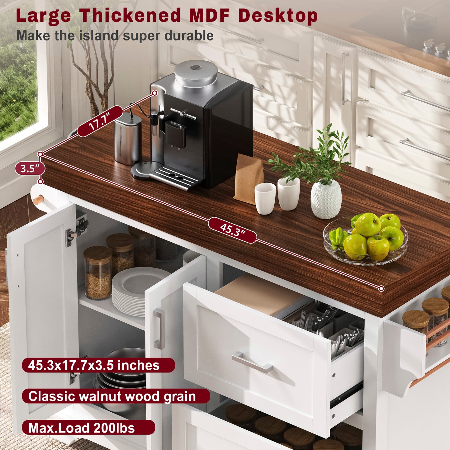 K&K 53  Large Kitchen Island With 3.5  Thick Desktop, Spice And Towel Racks, Rolling Kitchen Island With Storage On 5 Wheels, 2 Extra Large Drawers, For Home, Kitchen, Dining Room, White