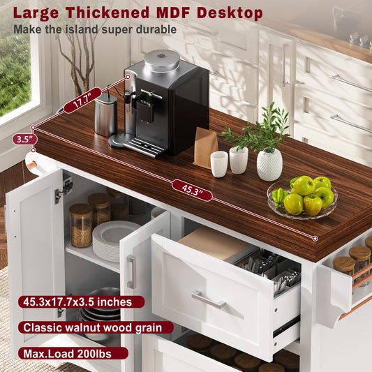 K&K 53  Large Kitchen Island With 3.5  Thick Desktop, Spice And Towel Racks, Rolling Kitchen Island With Storage On 5 Wheels, 2 Extra Large Drawers, For Home, Kitchen, Dining Room, White