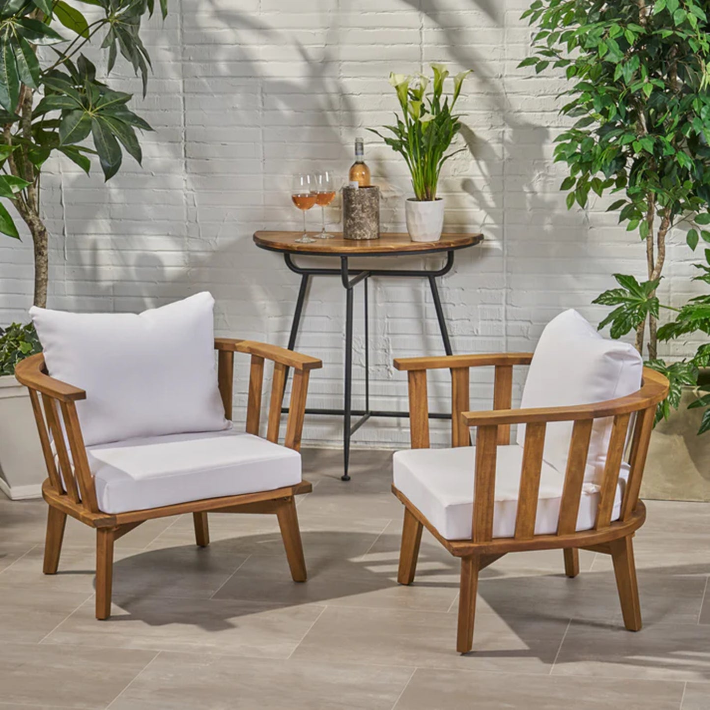Set Of 2, Outdoor Acacia Wood Patio Club Chair, Wooden Patio Furniture,Waterproof Thick Cushion Deep Seating For Porch, Garden, Backyard, Balcony, Weight Capacity 400lbs, Teak Finish, White