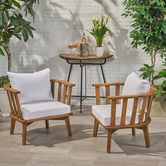 Set Of 2, Outdoor Acacia Wood Patio Club Chair, Wooden Patio Furniture,Waterproof Thick Cushion Deep Seating For Porch, Garden, Backyard, Balcony, Weight Capacity 400lbs, Teak Finish, White