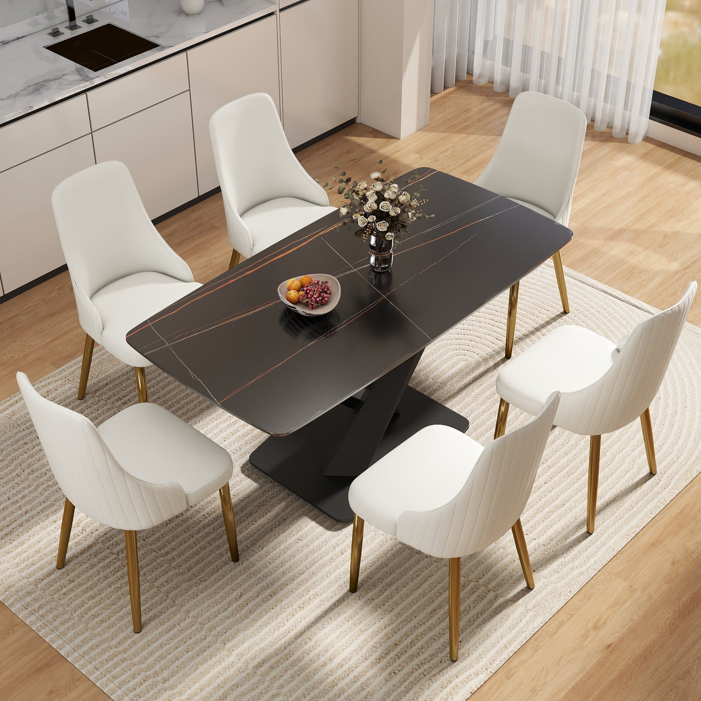 63 Modern Artificial Stone Black Curved Black Metal Leg Dining Table -6 People