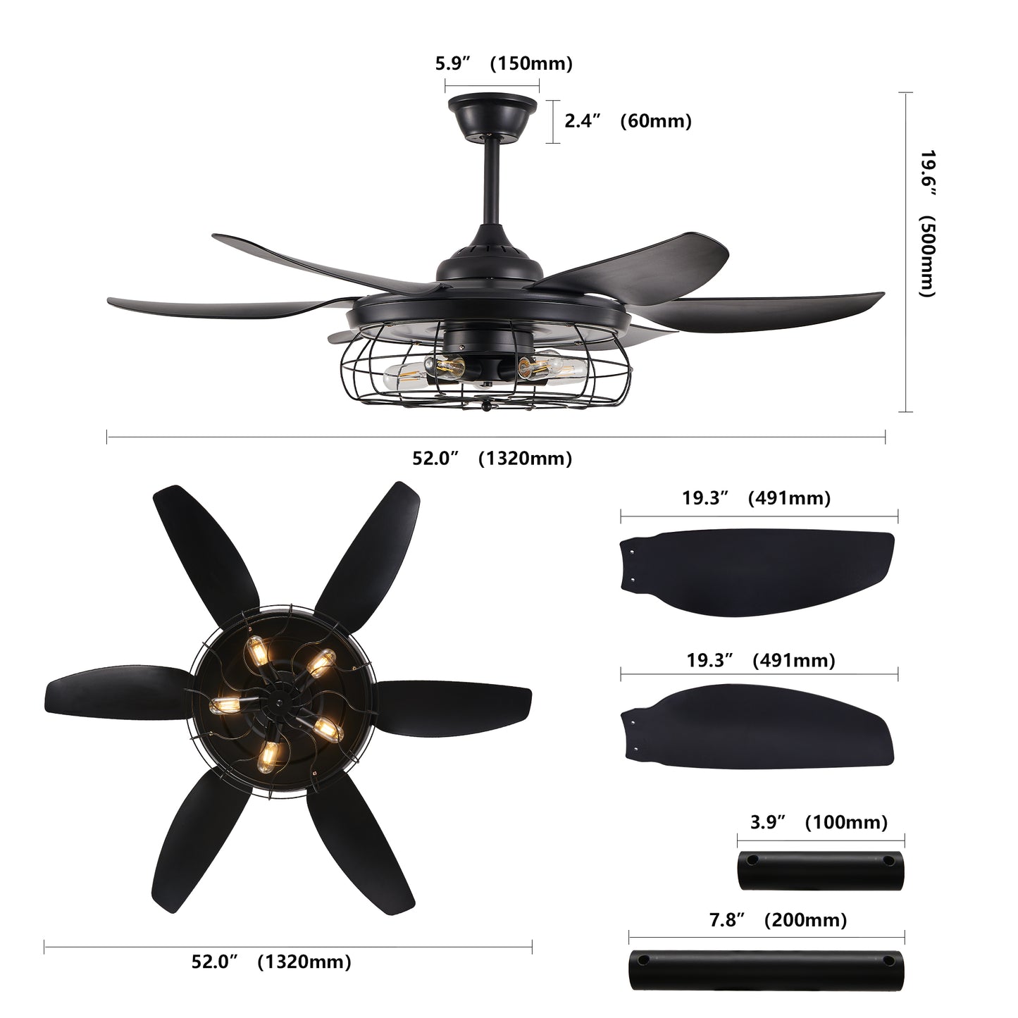 52 Modern Black Ceiling Fan With Light, 6 Fan Blades And Industrial Cage Design, Adjustable Speed For Living Room, Bedroom, Dining Room  Silent 6-Speed Reversible DC Motor  Bulb Not Included