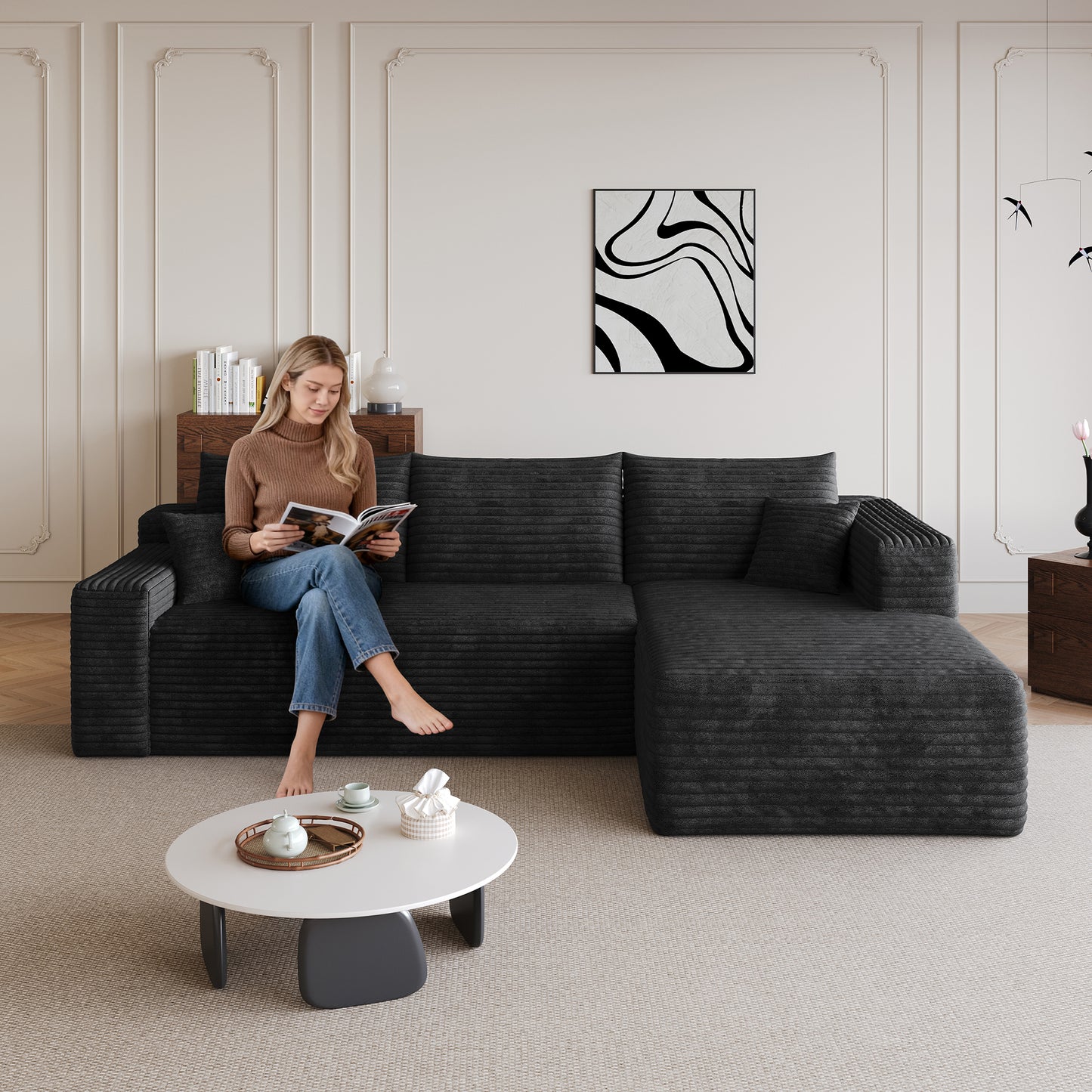 95  Cloud Sectional Sofa,Modern Minimalist Upholstered Couches, Comfort U Shaped Sofa For Living Room,Deep Seat Corner Couch,No Assembly Required,Black  Plush Corduroy Fabric
