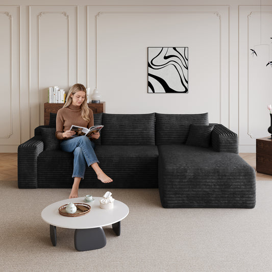 95  Cloud Sectional Sofa,Modern Minimalist Upholstered Couches, Comfort U Shaped Sofa For Living Room,Deep Seat Corner Couch,No Assembly Required,Black  Plush Corduroy Fabric