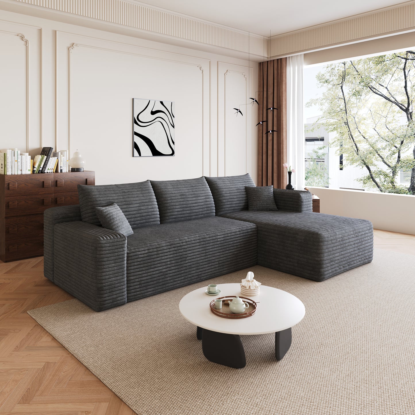 95  Cloud Sectional Sofa,Modern Minimalist Upholstered Couches, Comfort U Shaped Sofa For Living Room,Deep Seat Corner Couch,No Assembly Required,Dark Grey   Plush Corduroy Fabric