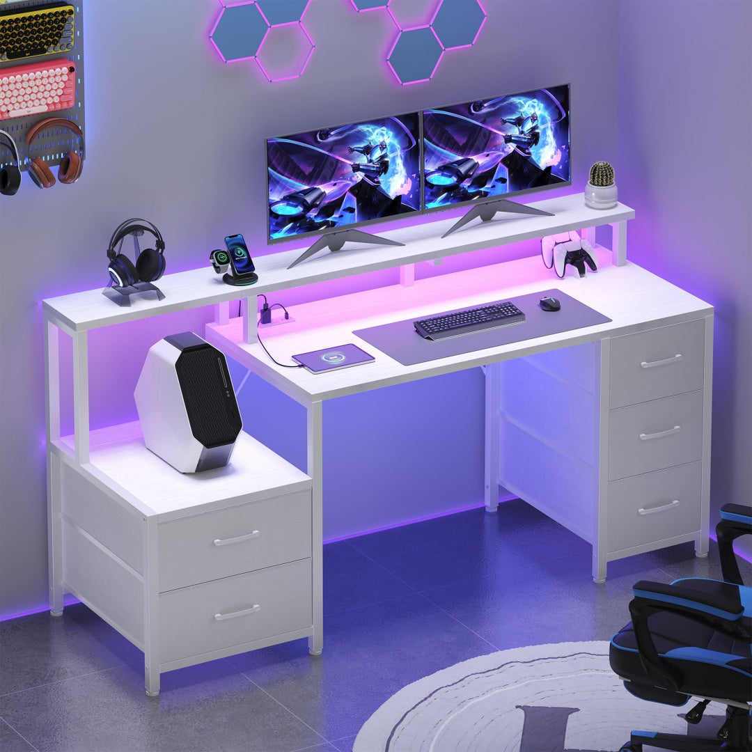 67-inch Computer Desk, Equipped With 5 Drawers And A Monitor Stand. The Gaming Table Comes With LED Lights And Power Sockets. The Printer Cabinet.