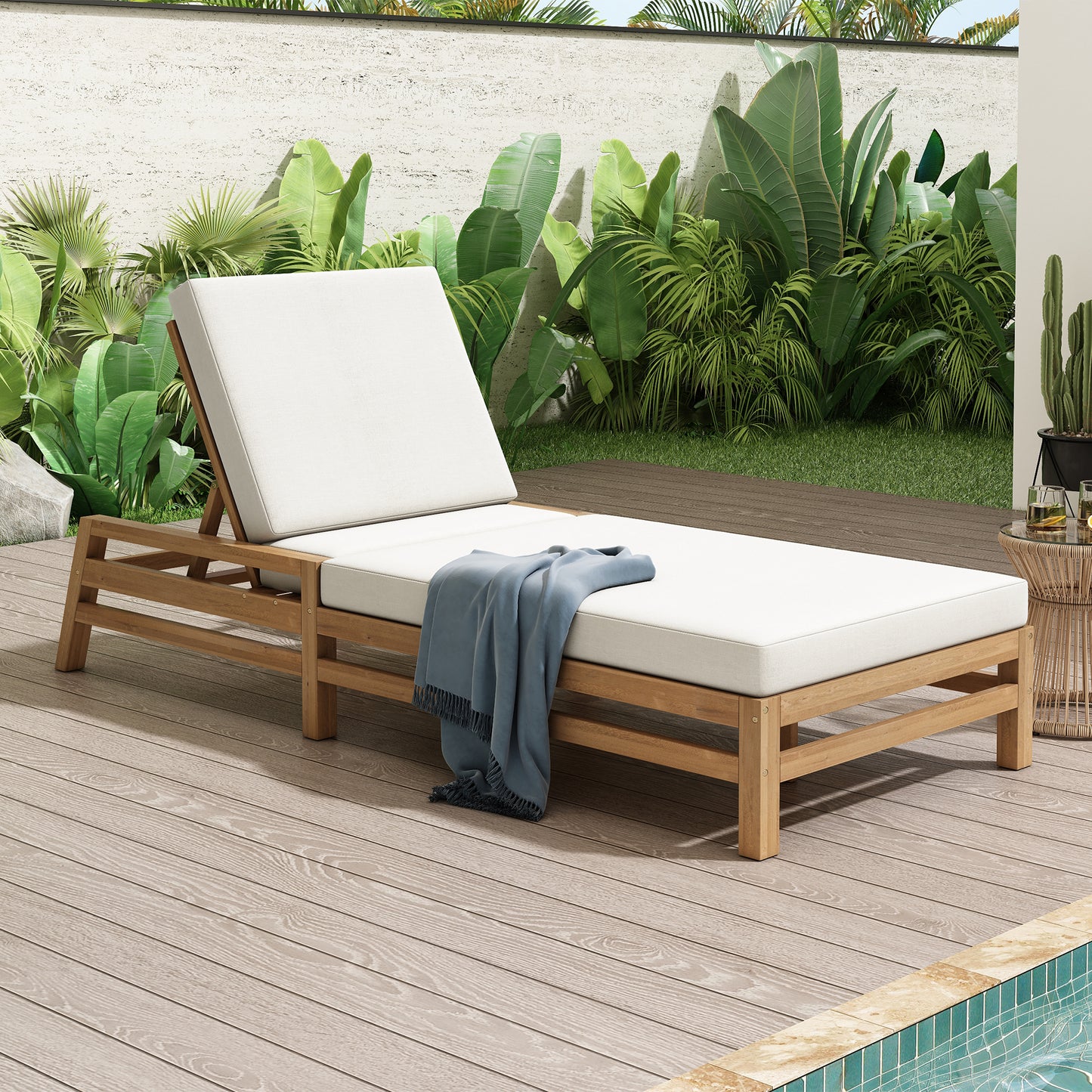 TREXM 5-Position Adjustable Outdoor Chaise Lounge  Solid Wood Patio Recliner Chair With Thick Cushions  Weather-Resistant For Pool  Balcony & Garden  Light Teak