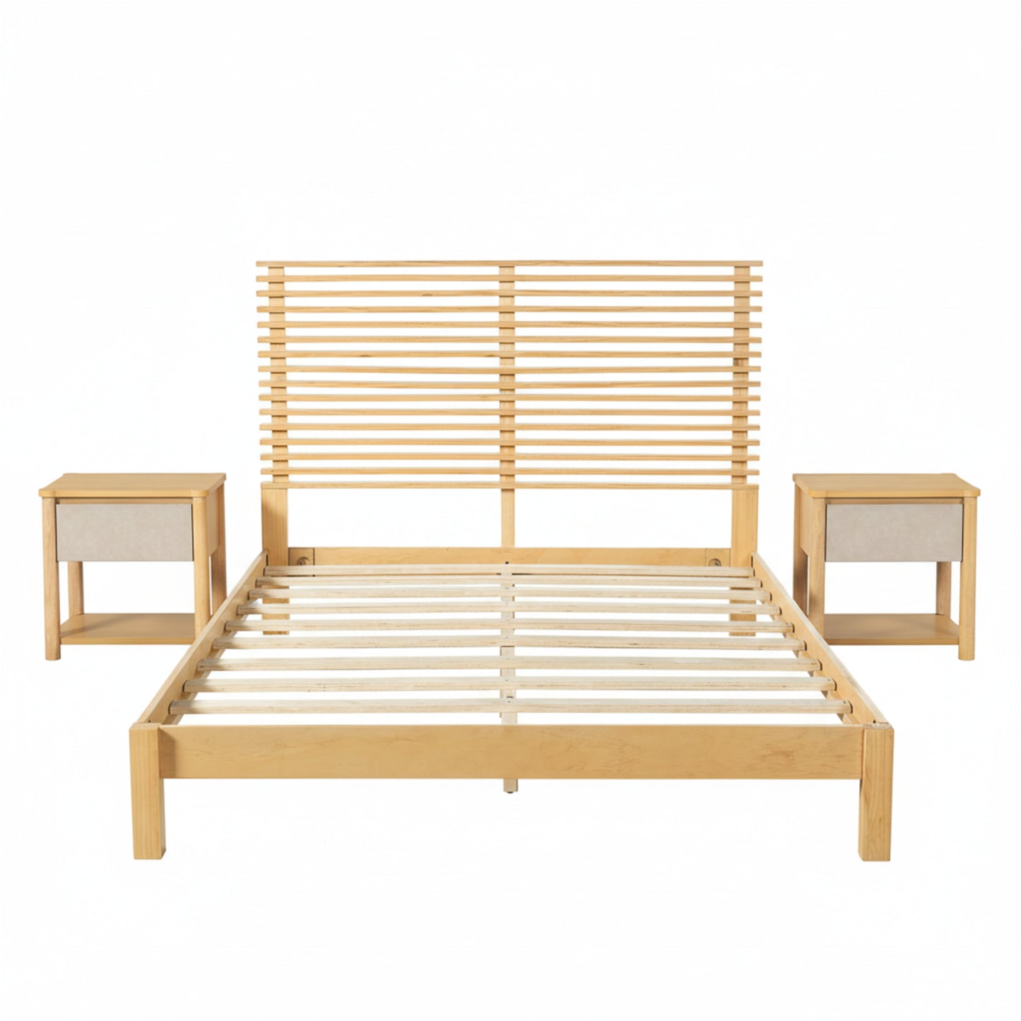 Premium Solid Wood Queen Size Platform Bed Frame With Horizontal Slat Headboard, Modern Natural Wood Bedroom Furniture, 600 Lbs Weight Capacity,No Box Spring Needed, Fits All Mattresses