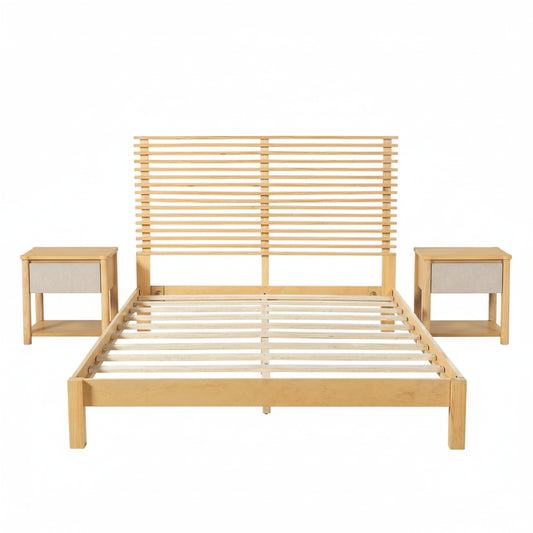 Premium Solid Wood Queen Size Platform Bed Frame With Horizontal Slat Headboard, Modern Natural Wood Bedroom Furniture, 600 Lbs Weight Capacity,No Box Spring Needed, Fits All Mattresses