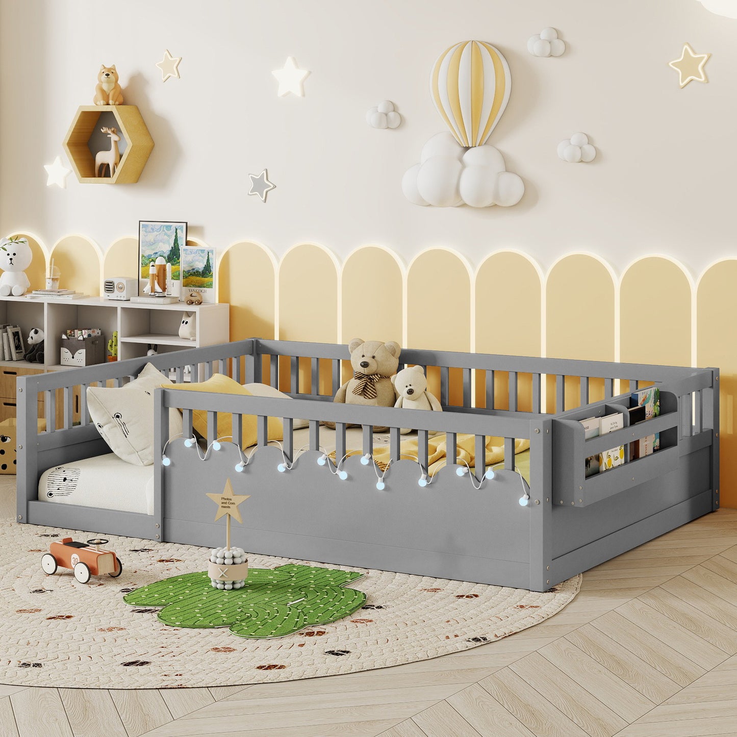Full Montessori Floor Bed Frame With High Rails, Wood Kids Floor Beds With Light And Storage Shelf, GrayExpect Arrival Date 2025 8 15