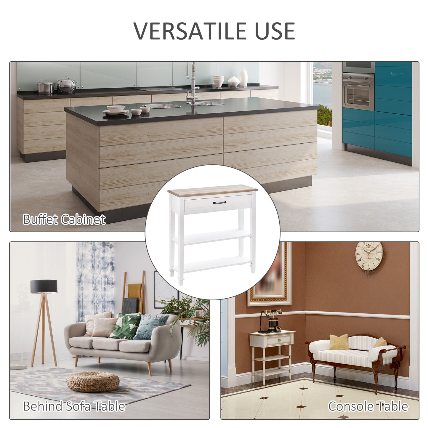 Nordic Style Sofa Console Entry Hallway Table With Drawer And Shelves,White