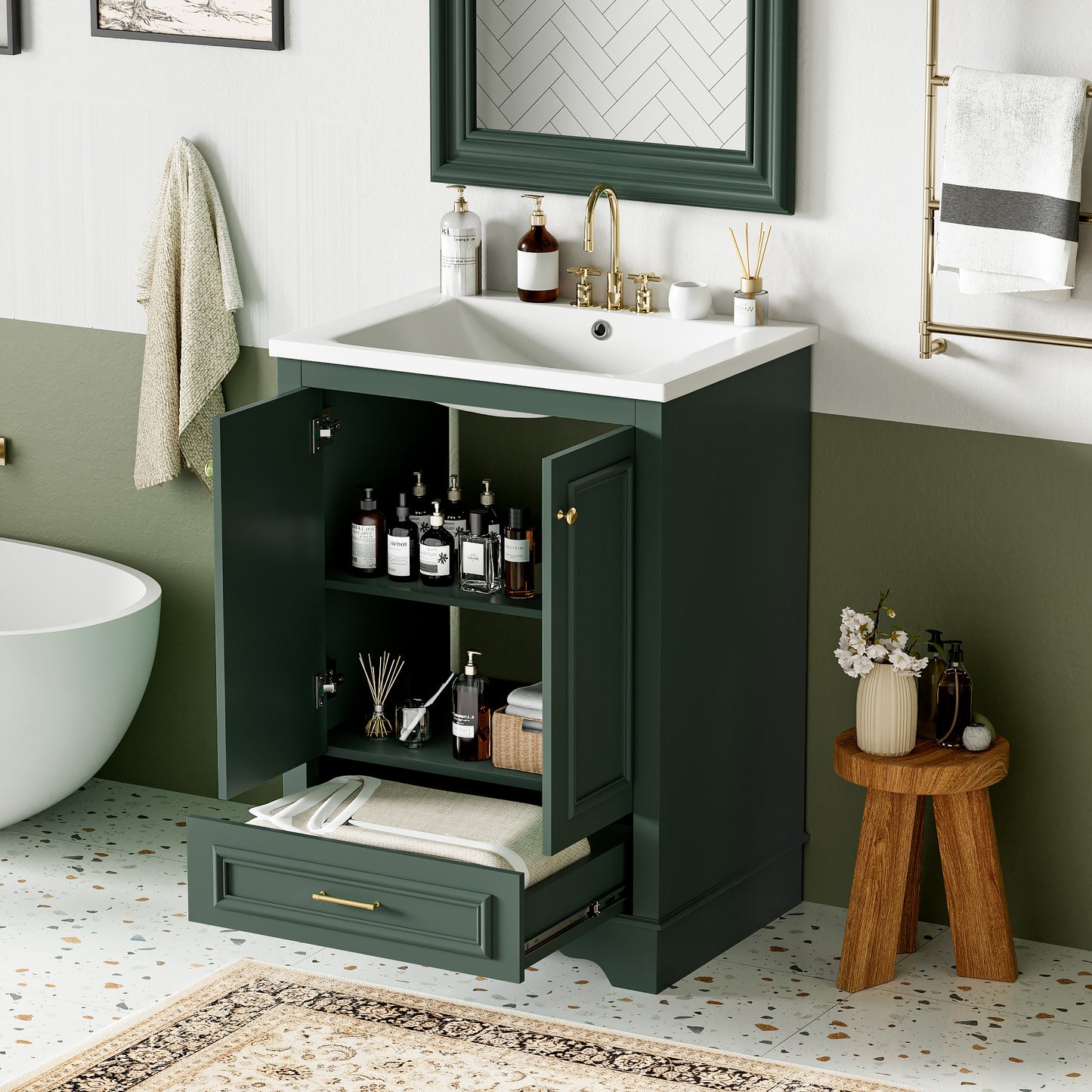 24'' Bathroom Vanity With Ceramic Sink Combo, Modern Freestanding Storage Cabinet  With Silver Handles,  Soft Closing Doors