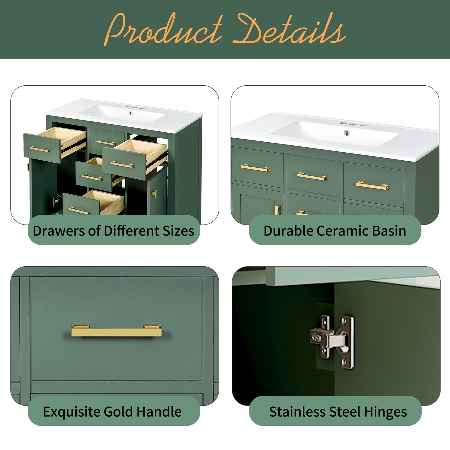 36'' Bathroom Vanity With Ceramic Sink Combo Set, Modern Freestanding Single Bathroom Cabinet With 4 Drawers & 2 Cabinets,Storage Cabinet For Bathroom, Solid Wood Frame Vanity Set, Green