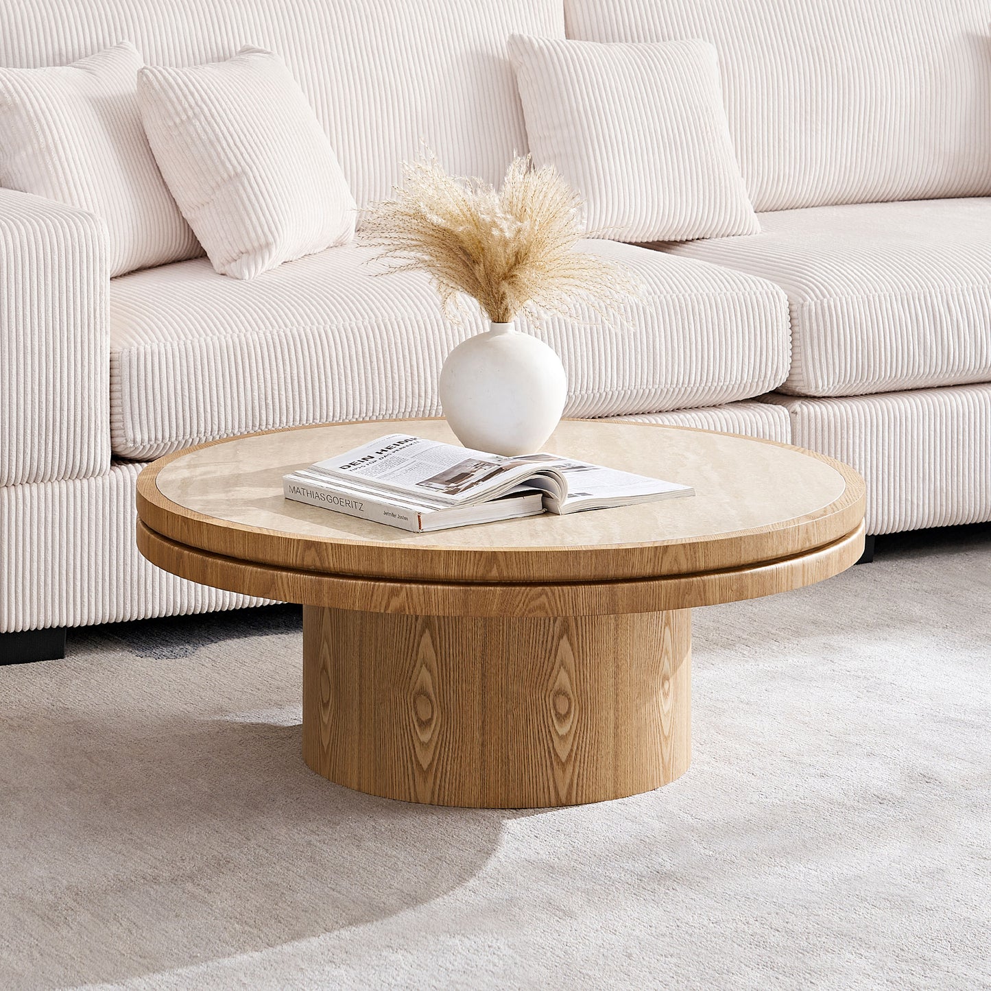 35.43 Inch Coffee Table Sintered Stone Tabletop With Sturdy MDF Pedestal For Living Room  Bedroom, Reception Room Apartment Easy Assembly