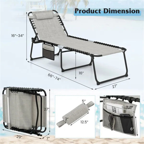 Oversized Patio Chaise Lounge, 27 Wide 4-Position Adjustable Backrest Folding Tanning Chair-Gray