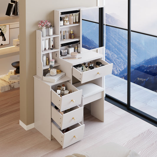 29.2 Small Space Left Bedside Cabinet Vanity Table  Cushioned Stool, Extra Large Right Sliding Mirror, Multi Layer High Capacity Storage, Practical Fashionable Dresser, EPA, GCC, UL Certificate