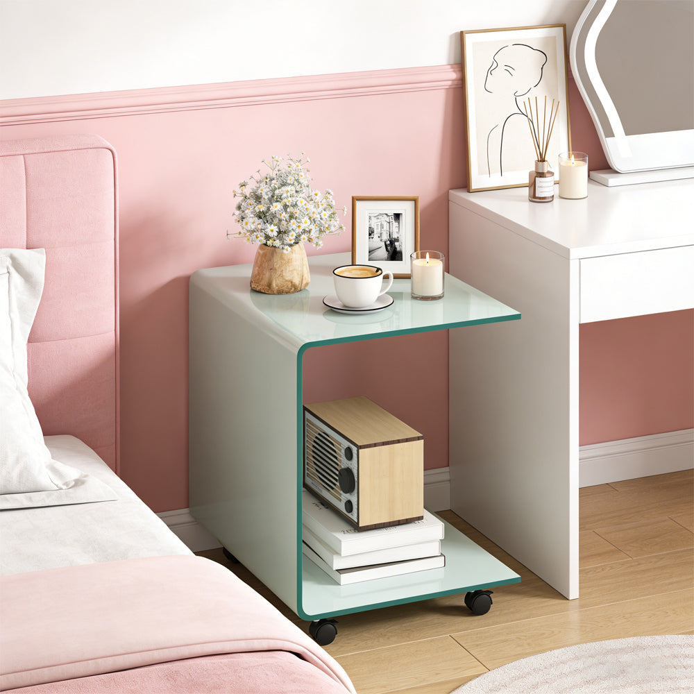 C Shaped End Table Modern Tempered Glass Side Table With Shelf With 4 Swivel Lockable Wheels  Coffee Table, Snack Table, Sofa Table, Laptop Table