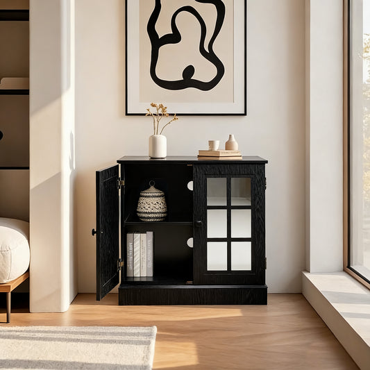 Storage Sideboard Cabinet With 2 Decorative Acrylic Mirrored Doors, Adjustable Shelf For Dining Room, Living Room, Kitchen, Metal Handles, MDF With Black 3D Wood Grain Foil Paper Finish