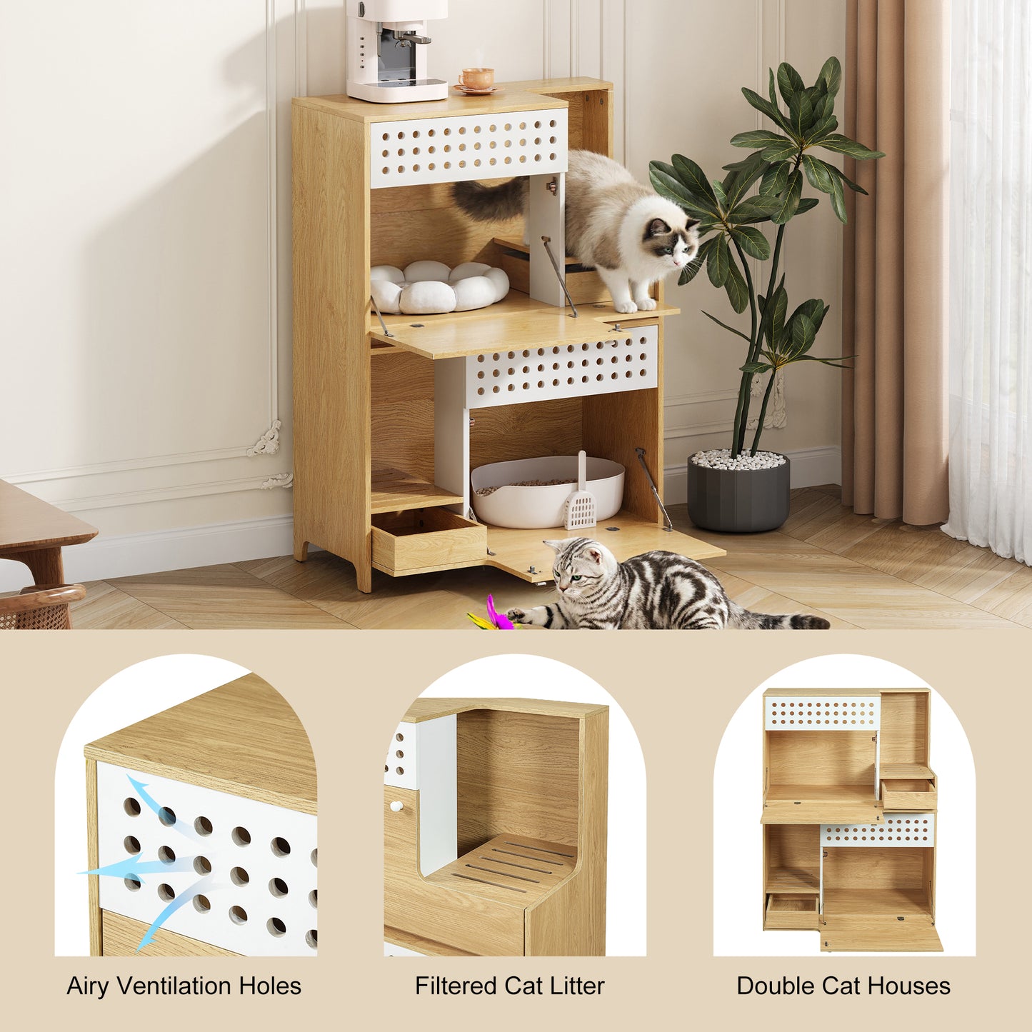 2-Piece Modern 2 IN 1 Cat Furniture Set, Cat Litter Box Enclosure Side Table, Cat House With Storage, For 2 Small-Medium Sized Cats - NATURAL