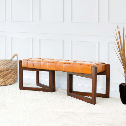 Mid-Century Riley Tan Bedroom Leather Bench With Solid Wood Frame And Tapered Legs 18.9  H X 52.4  W X 17.3  D For Entryway Dining Room Living Room Bedroom End Of Bed