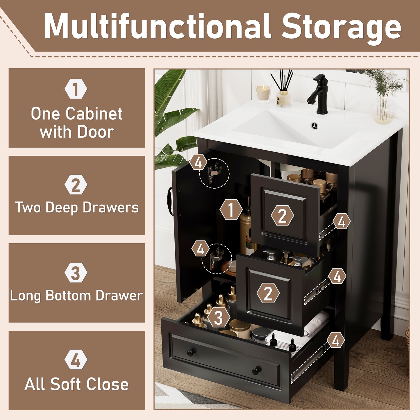 24 Inch Bathroom Vanity With Sink, One Cabinet With Soft-closing Door, 3 Soft-closing Drawers, Retro Metal Handles, Black