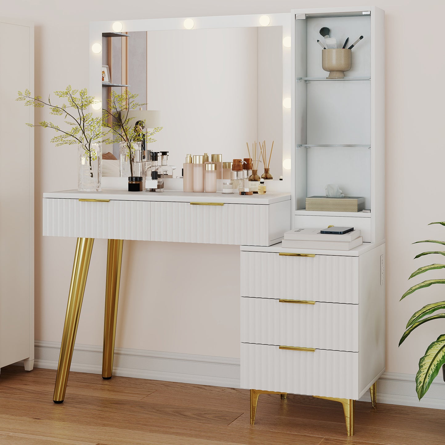 Fluted Vanity Desk With Mirror Glass Top Makeup Table With 5 Drawers Power Outlet Storage Cabinet 3 Color Light For Bedroom White