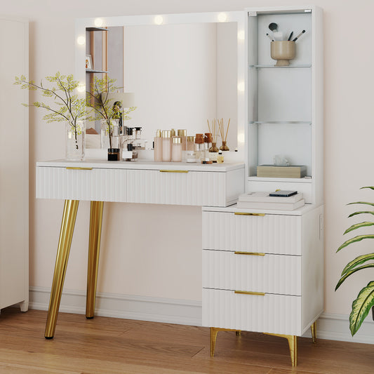 Fluted Vanity Desk With Mirror Glass Top Makeup Table With 5 Drawers Power Outlet Storage Cabinet 3 Color Light For Bedroom White