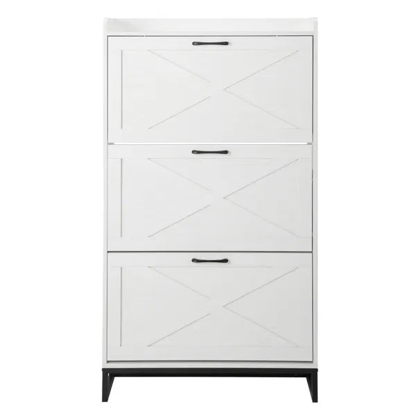 Barn Door Three-drawer Cabinet With Top Panel, Shoe Cabinet, Particleboard, 80x24x145cm, Distressed White