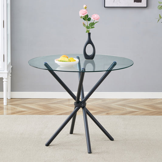 A Circular Transparent Tempered Glass Round Table With A Diameter Of 36.6 Inches,with Ring-shaped Gathered Black Metal Legs.The Desktop Glass Is 0.3 Inches Thick.W1151P294396
