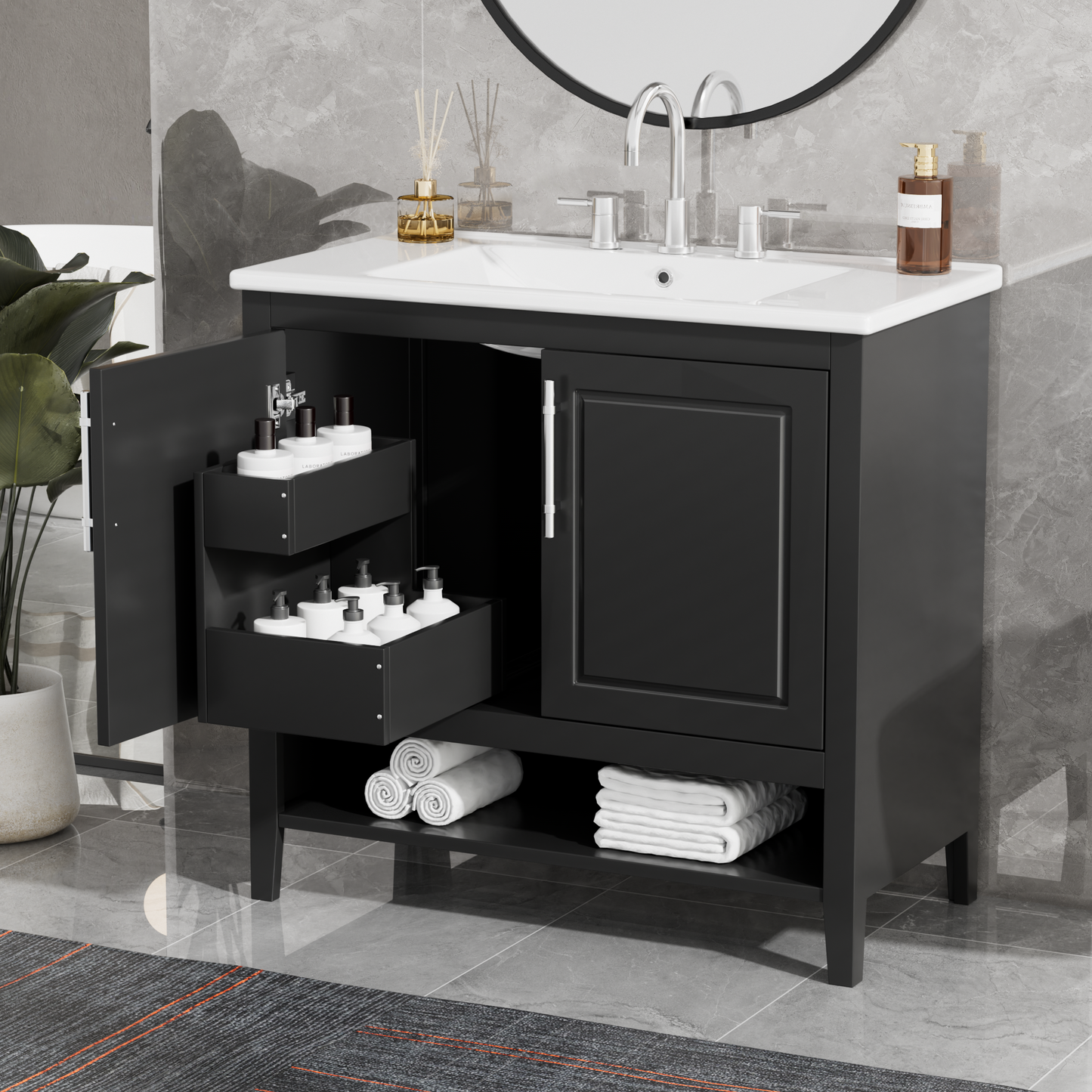 36  Bathroom Vanity With Sink, Multi-functional Bathroom Cabinet With Doors And Drawers, MDF Frame And MDF Board, Black