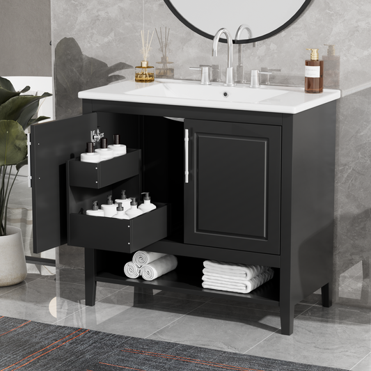36  Bathroom Vanity With Sink, Multi-functional Bathroom Cabinet With Doors And Drawers, MDF Frame And MDF Board, Black