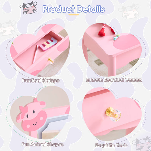 Pink MDF - Solid Wood Legs, Spray Paint - Silkscreen Printing, Cow Pattern, 1-drawer Children's Dressing Table Set, LED Three-color Backlit Touch Switch