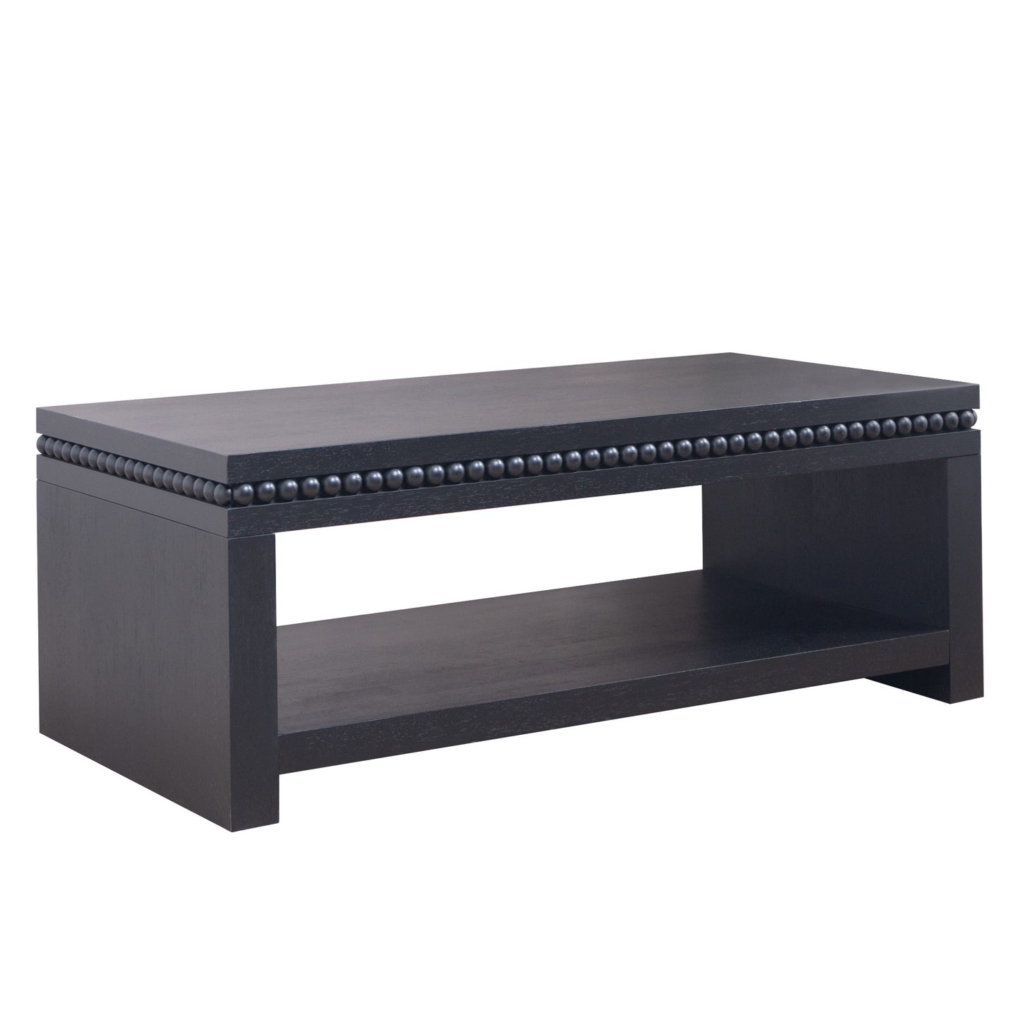 Modern Black Coffee Table With Beaded Trim  47  Rectangular Coffee Table With Open Storage Shelf, Solid Black Finish  Contemporary Living Room Accent Furniture