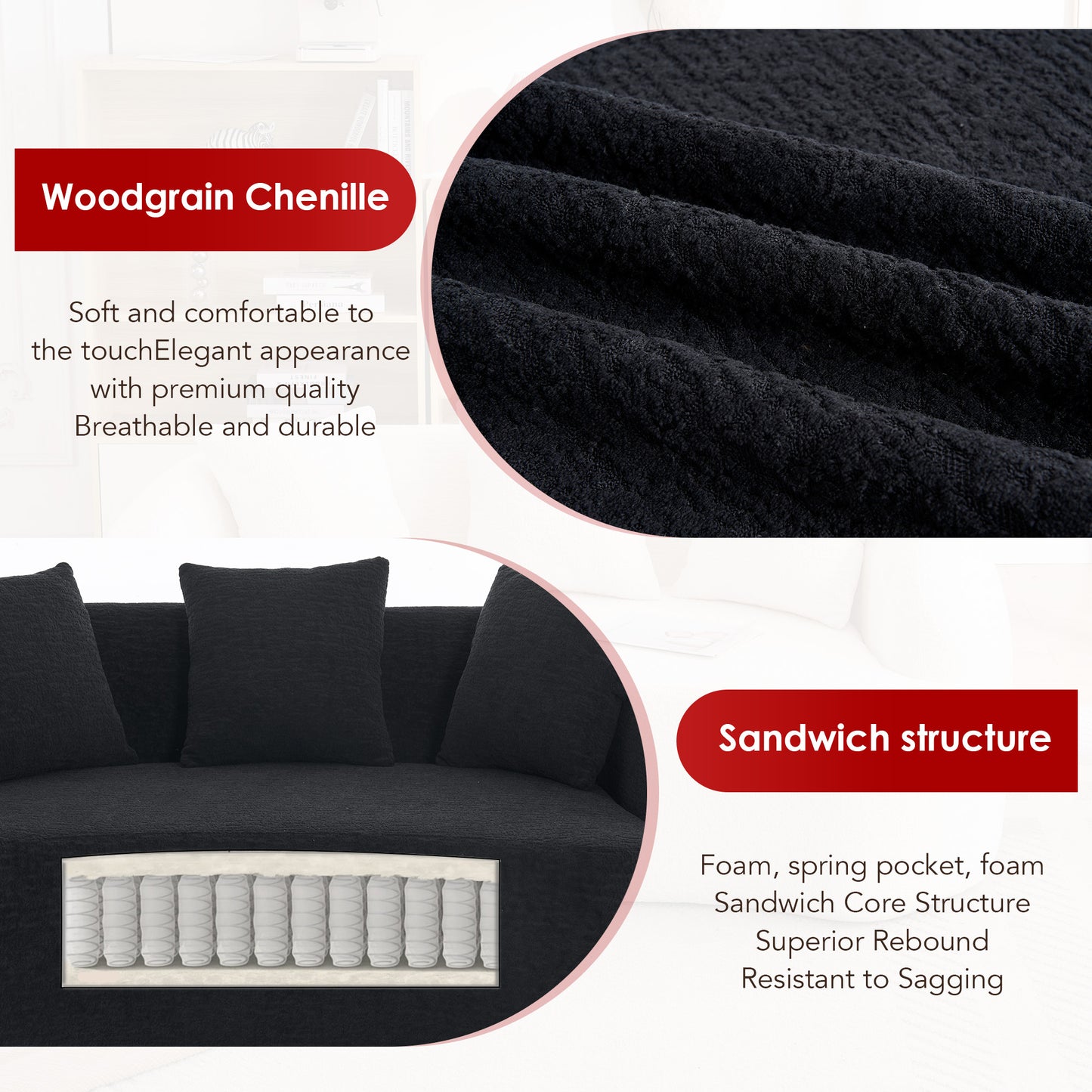 LY-049S Curved Modern Boneless Sofa Loveseat  Backrest Upgrade  2-Seater Black Chenille Compression Couch With 3 Pillows  Minimalist Modular Couches For Living Room  Office  Apartment  Guest Room