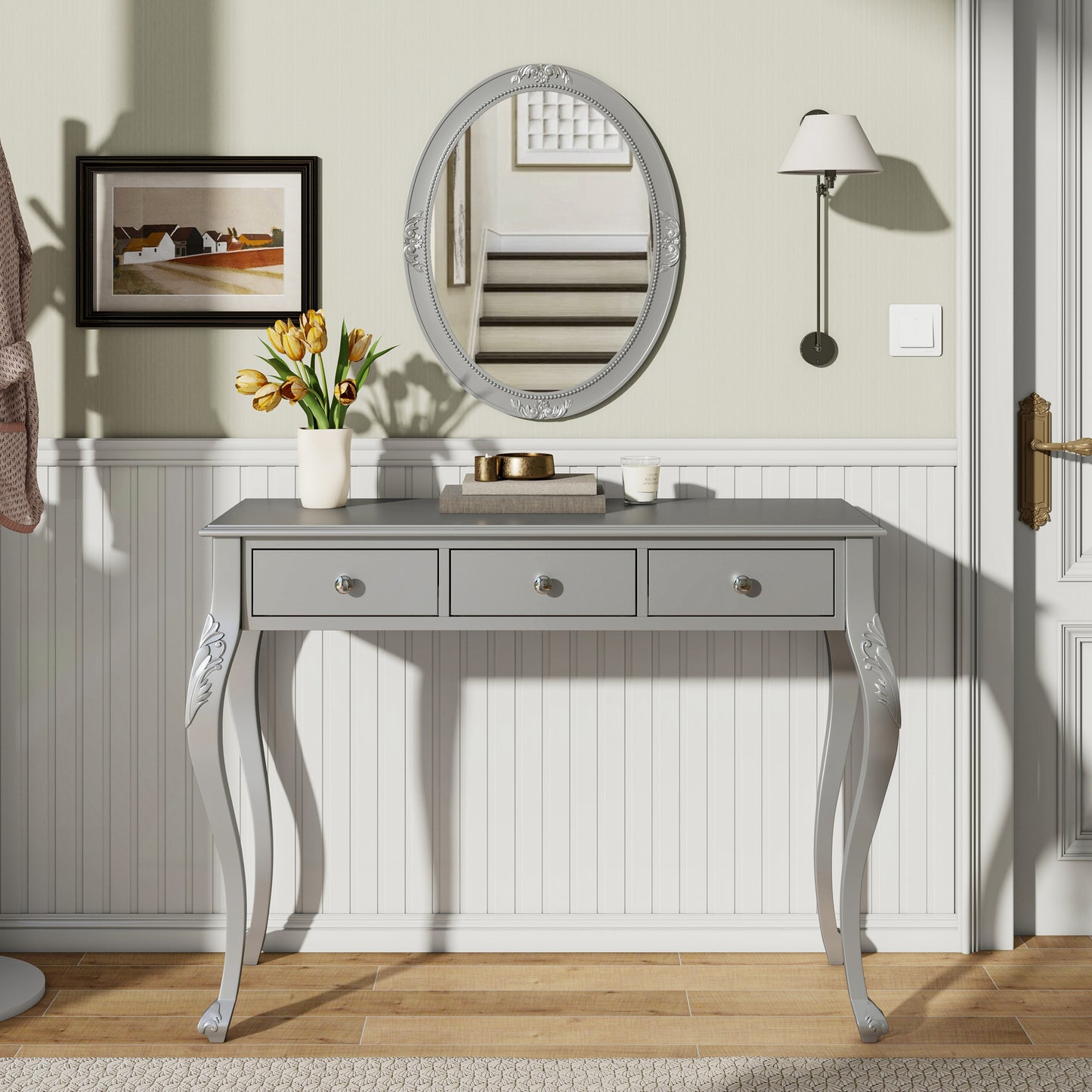 Luxury Makeup Vanity Desk With Oval Mirror, 3-Drawer Dressing Table For Jewelry Storage, Elegant Console Table For Entryway, Living Room & Bedroom, Stylish Home Decor,Silver