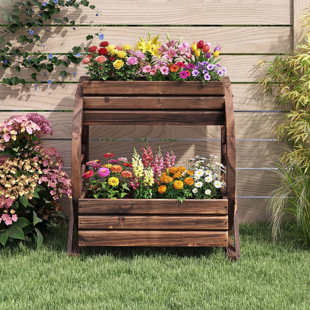 2-tier Raised Garden Bed Rustic Wood Wagon Planter With Drainage Holes And Semi-wheels For Growing Flowers Or Displaying Potted