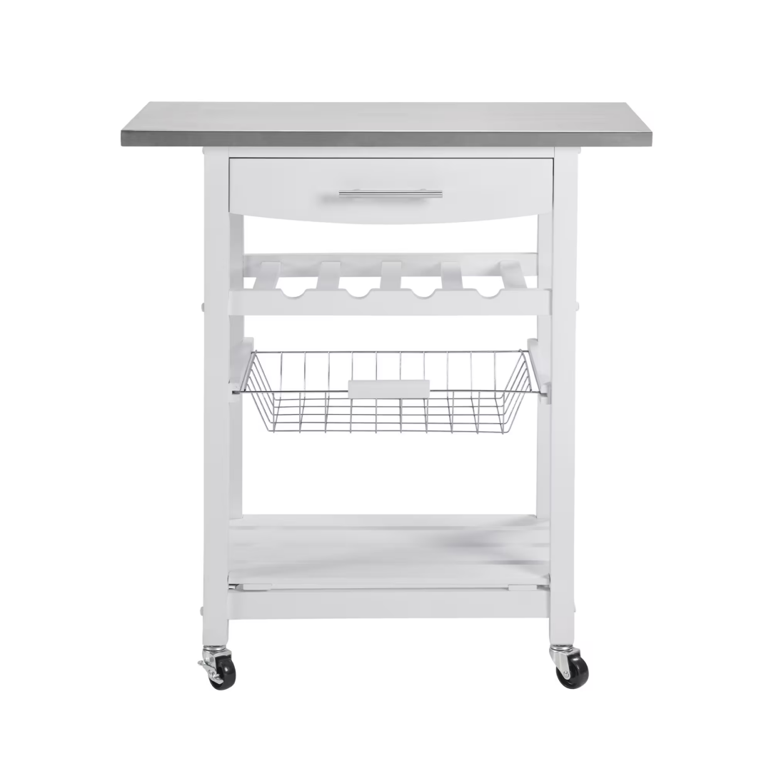 Mobile Rolling Kitchen Island Trolley Serving Cart With Underneath Drawer & Slide-Out Wire Storage Basket