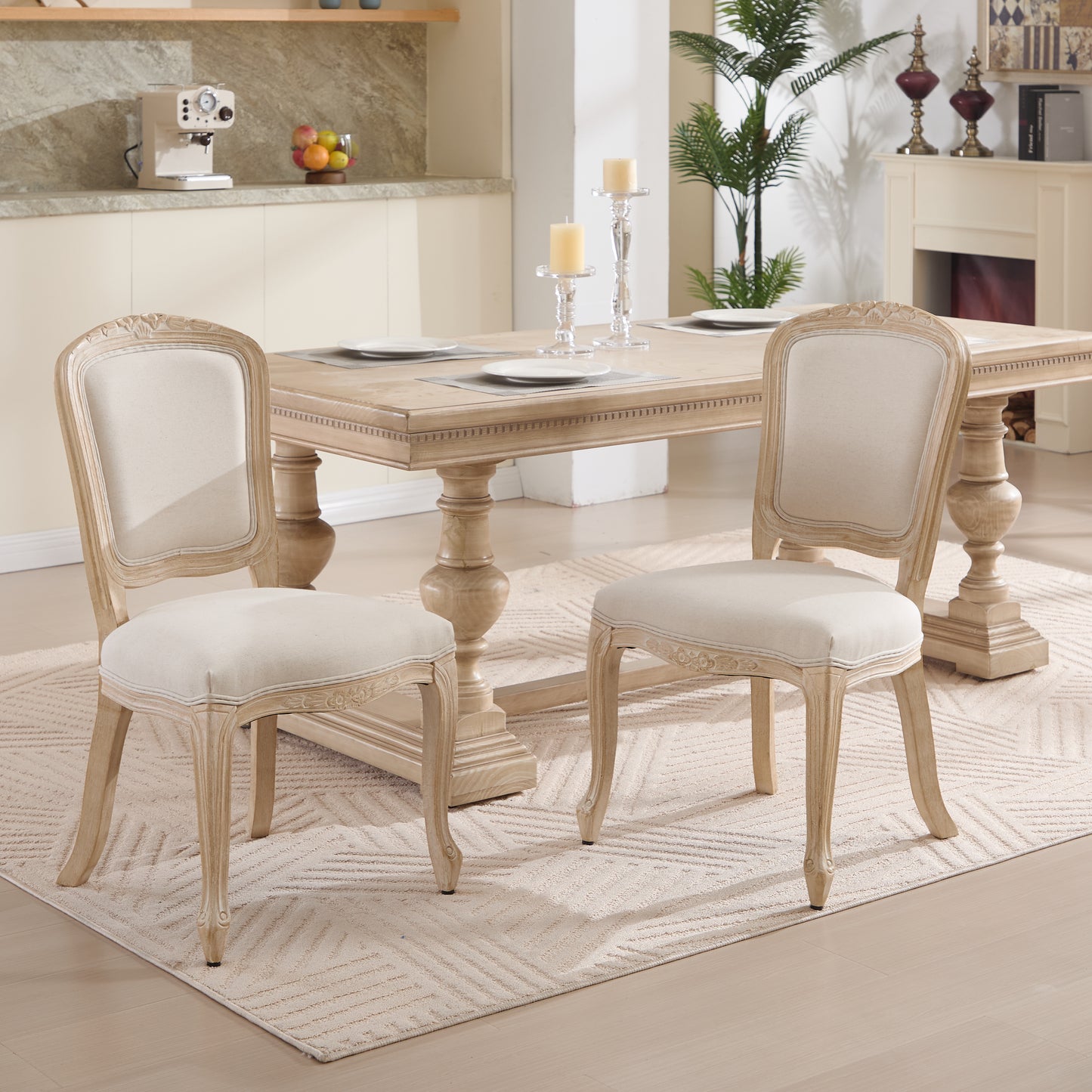 French Country Dining Chairs Set Of 2, Upholstered  Chairs With  Fan Shaped Back, Wire Drawing And Carving Techniques ,Disassemblable ,  For Living Room, Kitchen , Restaurant Use, Beige