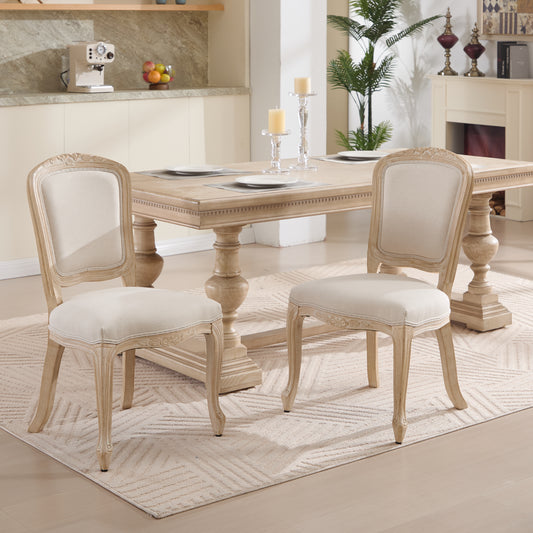 French Country Dining Chairs Set Of 2, Upholstered  Chairs With  Fan Shaped Back, Wire Drawing And Carving Techniques ,Disassemblable ,  For Living Room, Kitchen , Restaurant Use, Beige