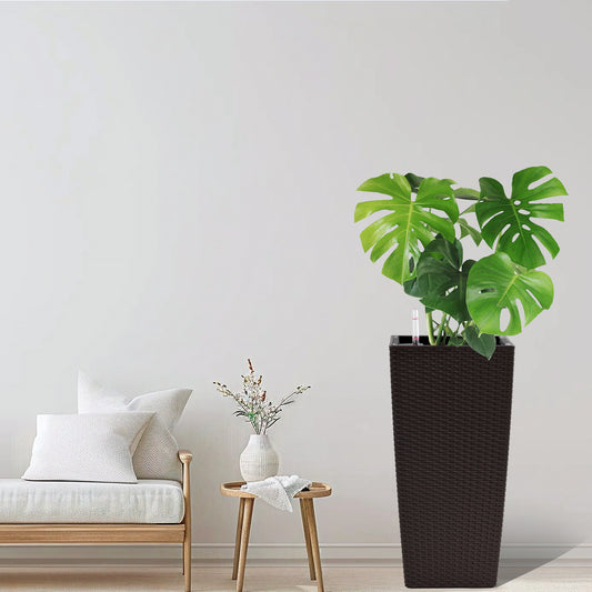 Pack Of 2 Square Planter 22-Inch High Faux Rattan Design Flower Pot With Automatic Watering System For Porch Patio  Makes Keeping Flowers Brown Color Planter