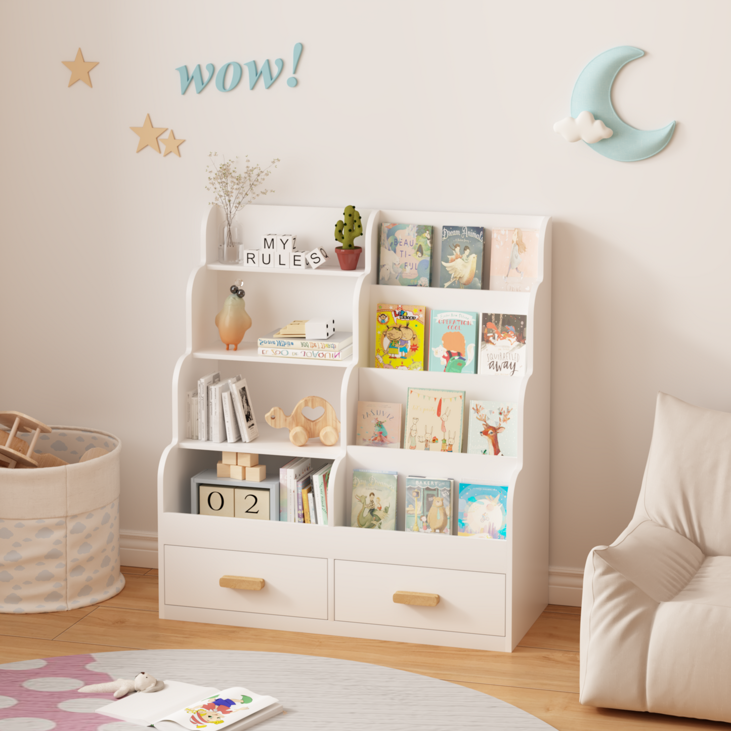 Kids Bookshelf With 2 Storage Drawers, Front-Facing Children's Bookcase And Toy Organizer, Multi-Tier Reading Shelf For Toddlers, Playroom, Bedroom, Or Nursery - White