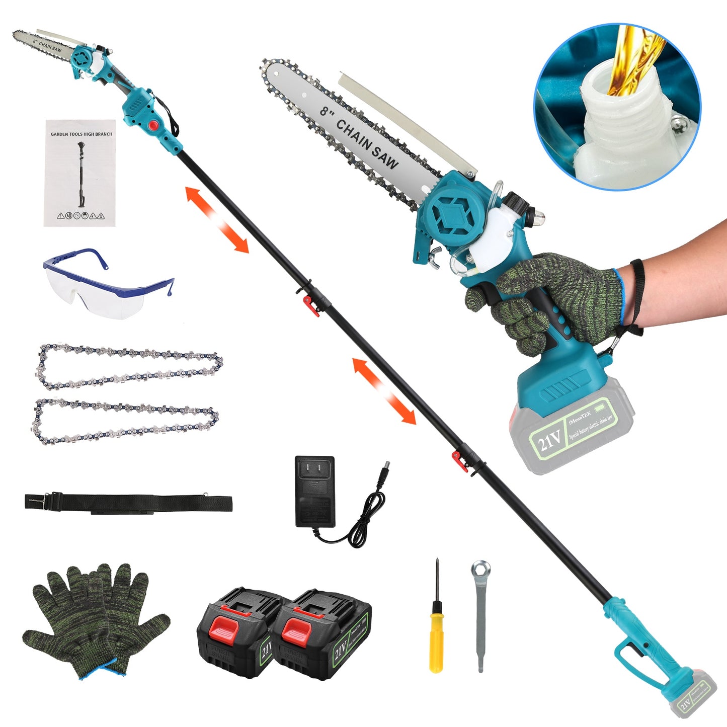 1Set 2 In1 Cordless Pole Saw And Mini Chainsaw With Extension Pole 21V Battery 8in Electric Brushless Pole Chainsaw With Auto Oiler Safety Switch 6.4LBS Lightweight For Tree Trimming