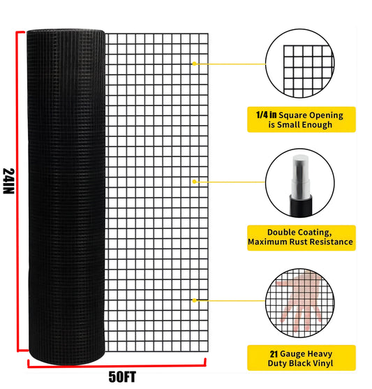 24 Inchx50 Ft Black Vinyl Coated Hardware Cloth, 21 Gauge 1 4 Inch Black PVC Hardware Cloth, Black Welded Wire Fence Supports Poultry-Netting Cage-Home Improvement And Chicken Coop